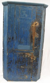 Antique 2 door corner cupboard in blue paint - 73" tall x 42" wide x 23" deep