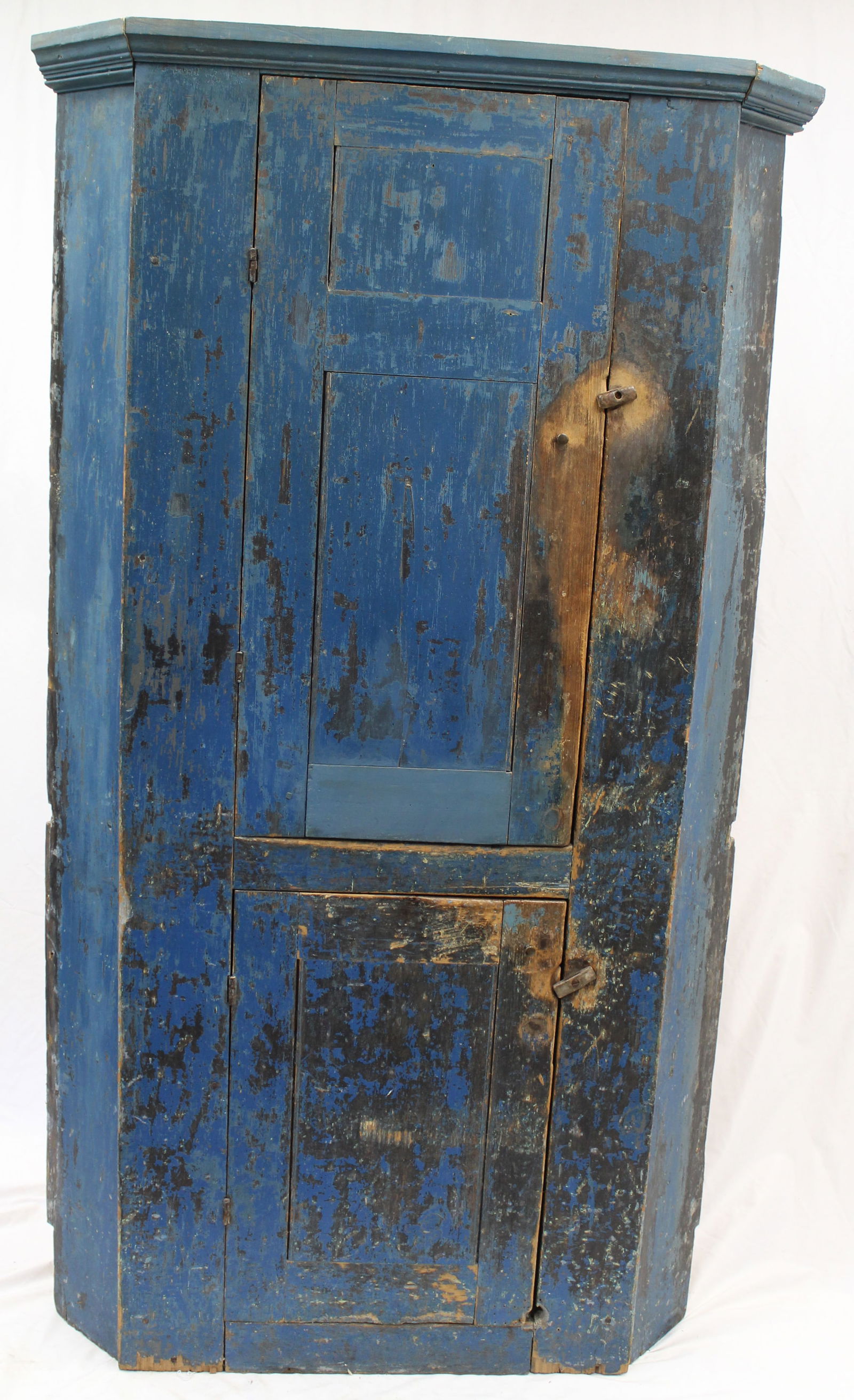 Antique 2 door corner cupboard in blue paint - 73" tall x 42" wide x 23" deep (1 of 8)