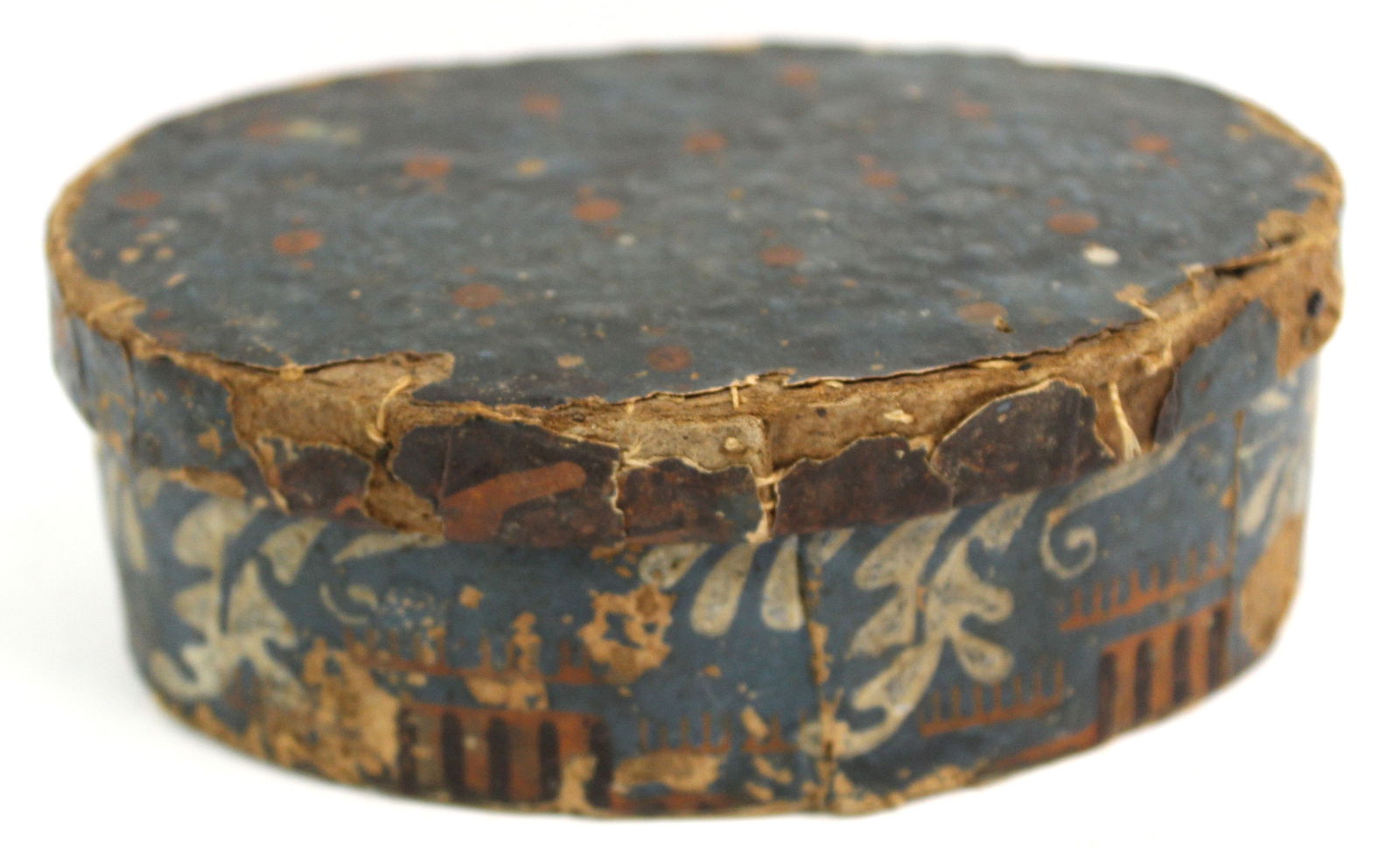 Antique small oval wallpaper box - 1 3/4" tall x 5"x3 1/2" (1 of 6)