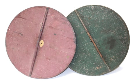 Lot of 2 antique wooden painted barrel lids in green & red - 19 1/2" & 19 3/4" diam