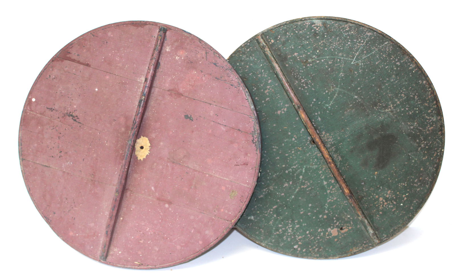 Lot of 2 antique wooden painted barrel lids in green & red - 19 1/2" & 19 3/4" diam (1 of 6)