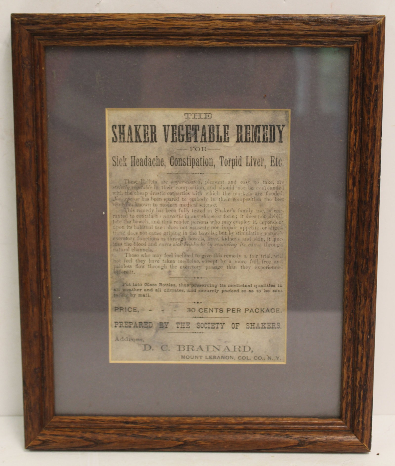 Framed Shaker ad for The Shaker Vegetable Remedy for Sick Headache, Constipation, Torpid Liver, etc": Framed Shaker ad for The Shaker Vegetable Remedy for Sick Headache, Constipation, Torpid Liver, etc" from the Mt. Lebanon, NY Shaker Colony - overall framed size 9"x11"
