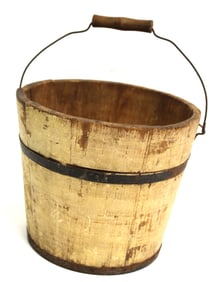 Antique wooden bail handled bucket w iron band in pail yellow/cream paint - possibly Shaker - 6 1/2"