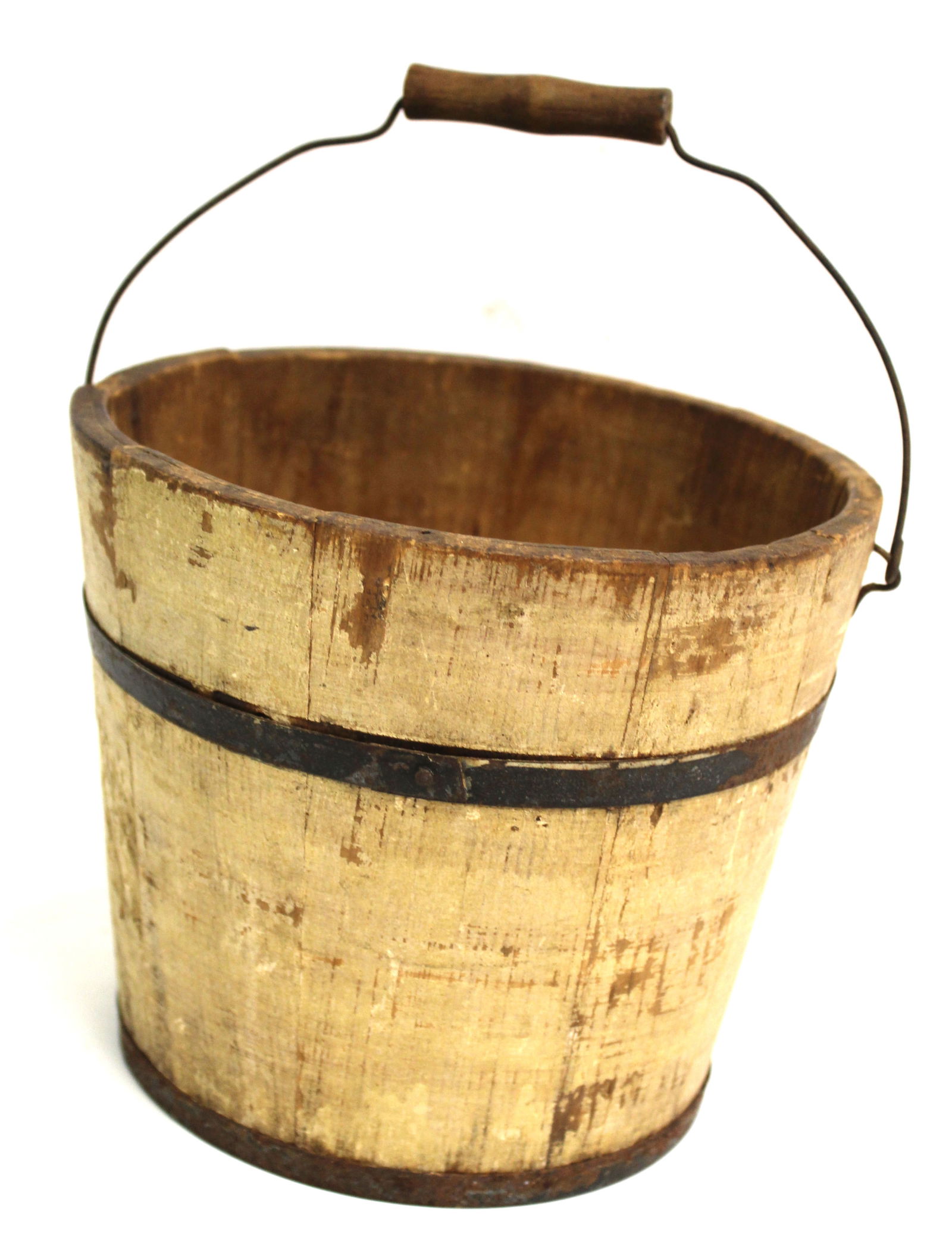 Antique wooden bail handled bucket w iron band in pail yellow/cream paint - possibly Shaker - 6 1/2" (1 of 5)