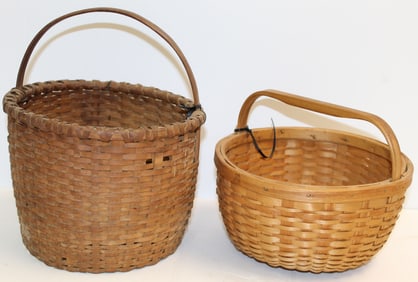 Lot of 2 fixed handled gathering baskets - 9 1/2" tall x 8" diam & 6 1/2" tall x 8" diam