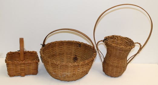 Lot of 3 Cook Style baskets incl Shenandoah souvenir, fancy flower vase & gathering - 6 1/4"x 5