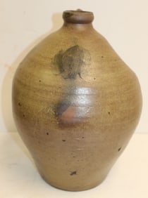 Antique stoneware ovoid jug w faded cobalt dec flower - 15" tall