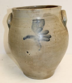 Antique stoneware ovoid crock w cobalt flower dec - 13" tall x 9" deep