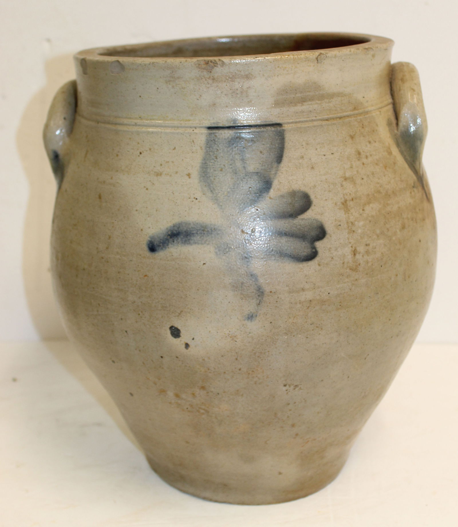 Antique stoneware ovoid crock w cobalt flower dec - 13" tall x 9" deep: Antique stoneware ovoid crock w cobalt flower dec - 13" tall x 9" deep