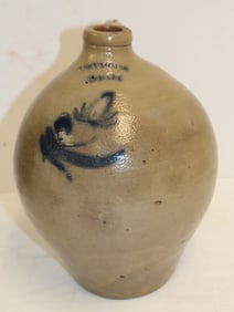 L. Seymour Troy stoneware ovoid jug w cobalt floral dec - 10 1/2" tall