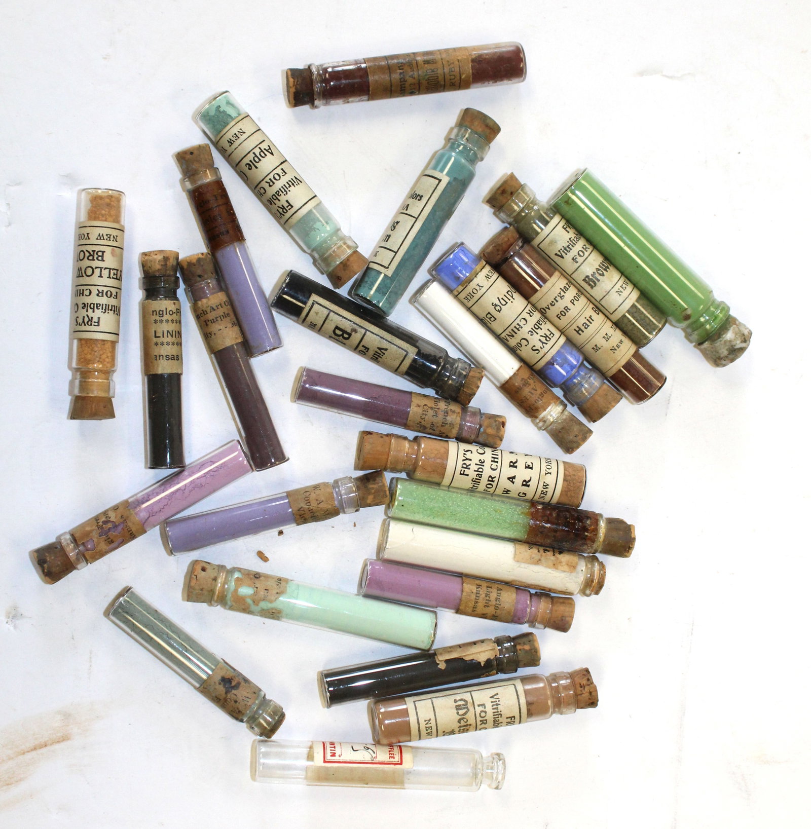 Lot of approx 24 French & Fry's labeled paint glass vials - approx 2 1/2" each: Lot of approx 24 French & Fry's labeled paint glass vials - approx 2 1/2" each