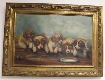 Unsigned Victorian oil on canvas of 5 puppies - overall framed size 22 1/4"x32 1/2"