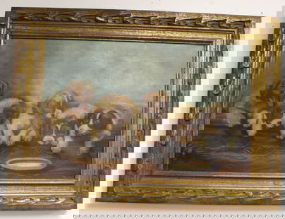 Unsigned Victorian oil on canvas of 5 puppies - overall framed size 22 1/4"x32 1/2": Unsigned Victorian oil on canvas of 5 puppies - overall framed size 22 1/4"x32 1/2"