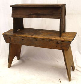 Lot of 2 primitive wooden benches - 14 1/2" tall x 25" long x 10" deep & 21 1/2" tall x 35 1/2" wide