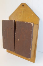 Antique wall box w 2 pockets in mustard & red paint w initials T & S on front of boxes - 14" tall x