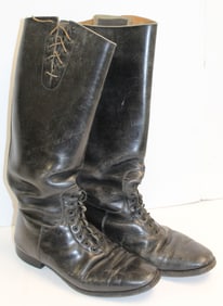 Early 20thC black leather motorcycle boots - 17" tall - heel to toe 11 1/2"