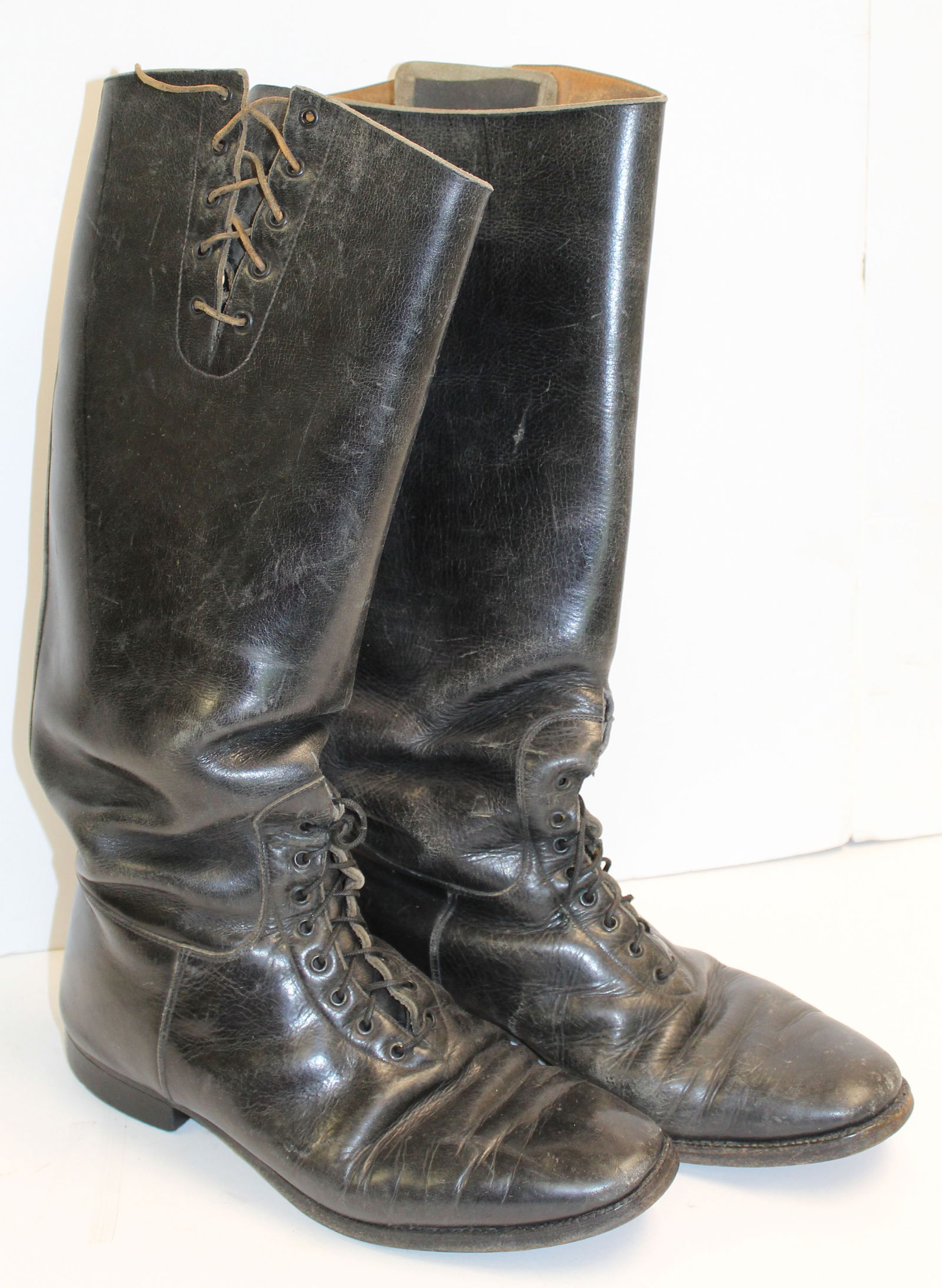Early 20thC black leather motorcycle boots - 17" tall - heel to toe 11 1/2": Early 20thC black leather motorcycle boots - 17" tall - heel to toe 11 1/2"