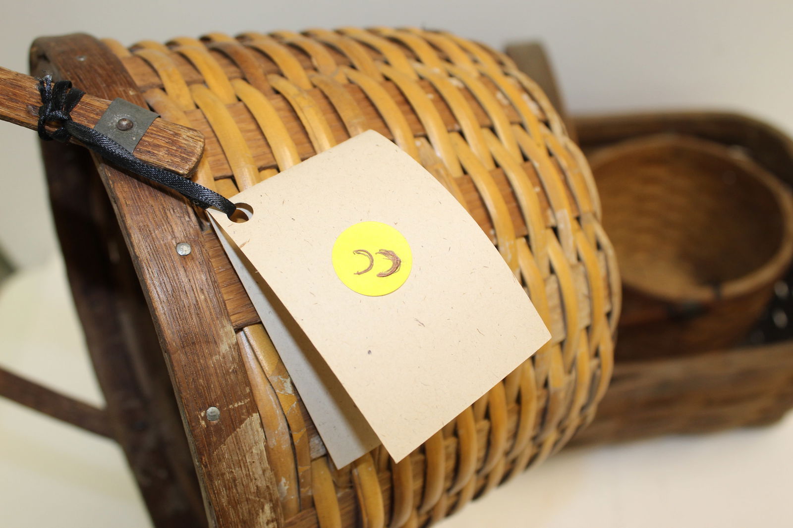 Lot of 3 baskets incl Shelton, CT market basket w label, small swing handled & a berry bamboo (1 of 13)