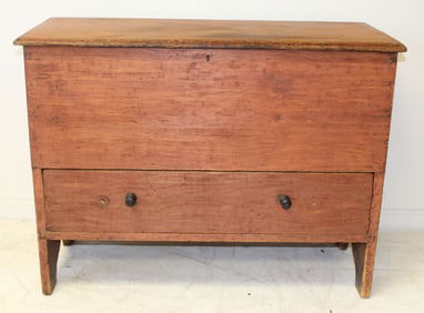 Diminutive antique 1 drawer blanket chest in red paint - 28 1/2" tall x 38 1/2" wide x 16" deep