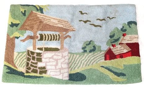 Hooked rug w farmland scene - house, well, fields, birds, etc - 36"x22 1/2"