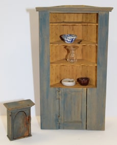 Miniatures lot incl corner cupboard w accessories on shelves & a small wall cupboard - corner