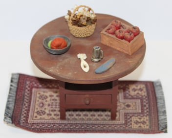 Miniatures lot w chair table & accessories on an Oriental area rug - chair table is approx 3"x4"