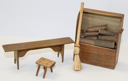 Miniatures lot w wood box w logs, 2 primitive benches and a broom - log box is 4"
