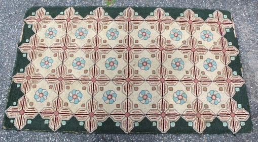 Hooked rug w geometric squares & floral motif by Rose Bunny McKay's daughter - signed - 35"x60"