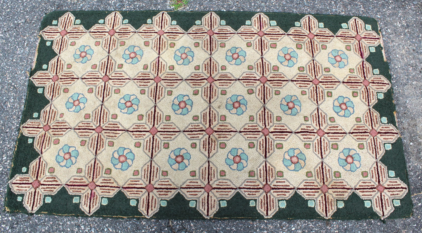 Hooked rug w geometric squares & floral motif by Rose Bunny McKay's daughter - signed - 35"x60" (1 of 6)