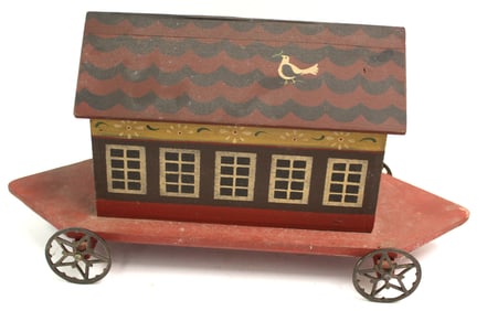 Vintage wooden painted Noah's Ark on plank w wheels - 9 1/2" tall x 16" wide
