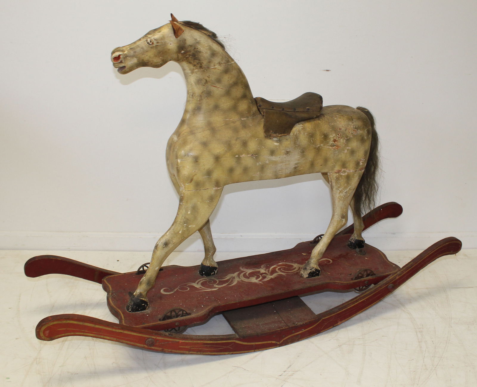 Antique dappled rocking horse on platform - 37" tall x 51" wide x 13" deep (1 of 9)