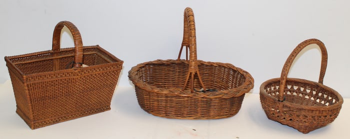 Lot of 3 baskets incl Market German willow, Cathead w open weave & fixed handled oval - 9 1/2"x9