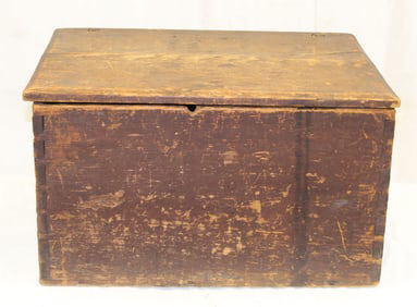 Antique dovetailed box w snipe hinges in red paint - 13 1/2"x24"x17"