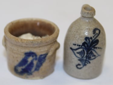 Lot of 2 miniature cobalt dec stoneware items - jug signed CNC & crock signed NS - 1/2" & 1" tall
