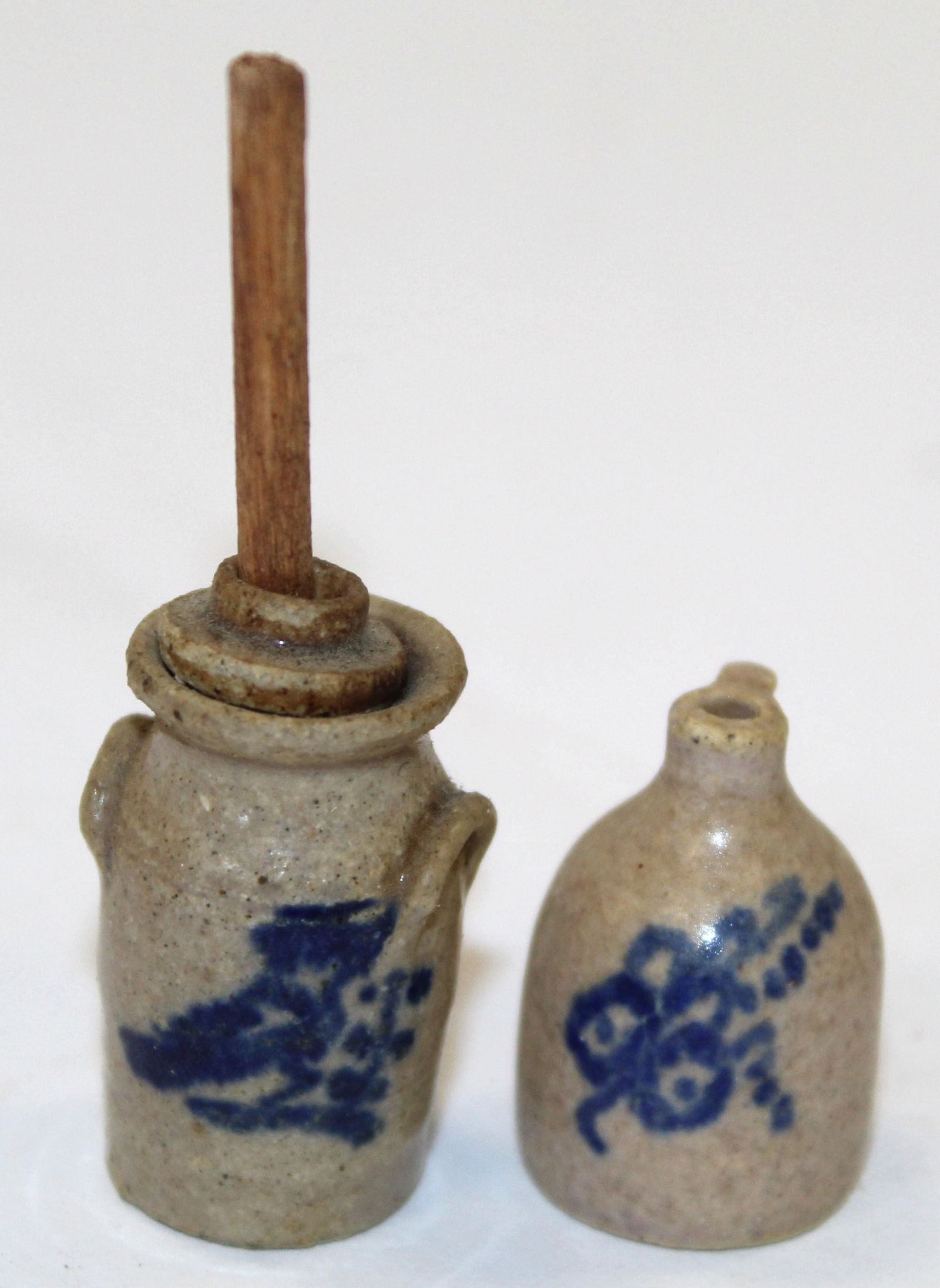 Lot of 2 miniature cobalt dec stoneware items - jug & butterchurn signed NS  - 1" & 2 1/4" tall (1 of 3)