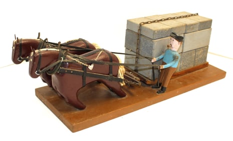 Folk Art wooden painted model of 2 horses pulling granite w farmer - 7 1/2" tall x 24" long