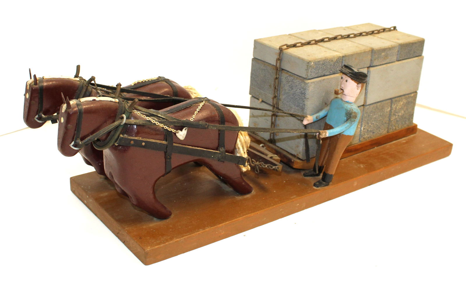 Folk Art wooden painted model of 2 horses pulling granite w farmer - 7 1/2" tall x 24" long (1 of 5)