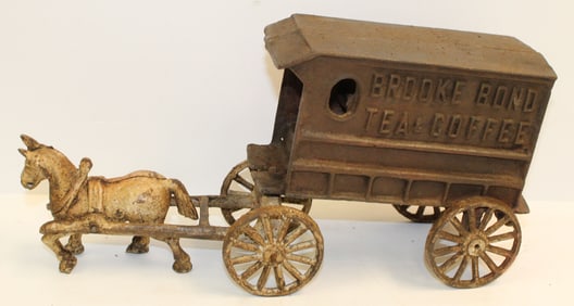 Cast Iron tea & coffee toy delivery wagon - 7" tall x 13" long