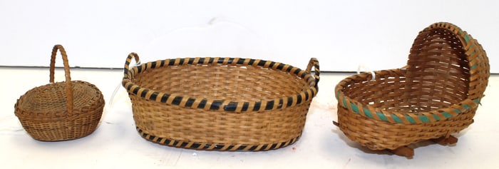 Lot of 3 miniature English Willow baskets incl feather, tub & cradle - 2 1/4", 4 1/2" & 4" wide