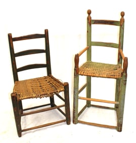 Lot of 2 ladderback chairs in green paint - 32" & 38" tall