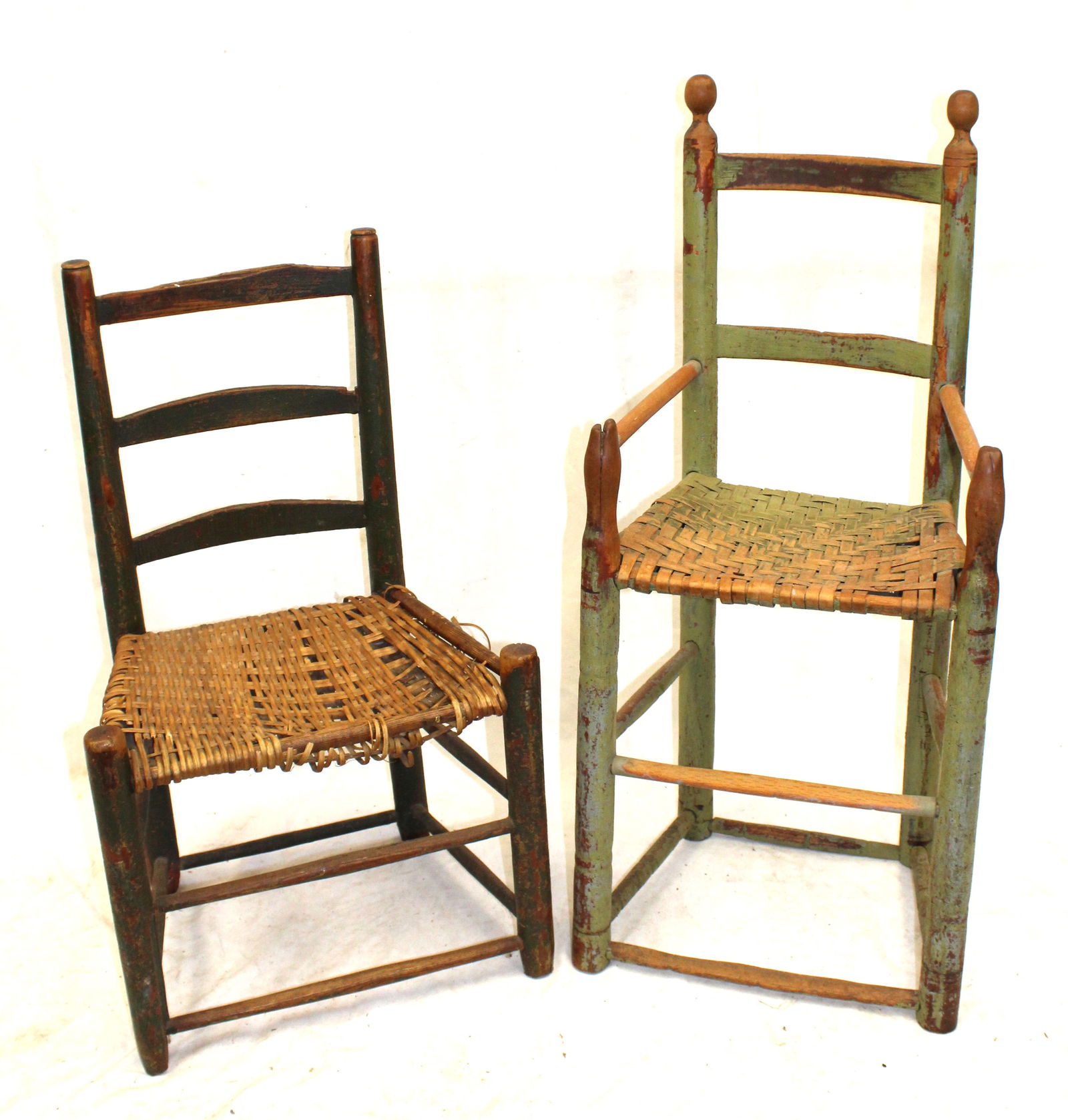 Lot of 2 ladderback chairs in green paint - 32" & 38" tall: Lot of 2 ladderback chairs in green paint - 32" & 38" tall