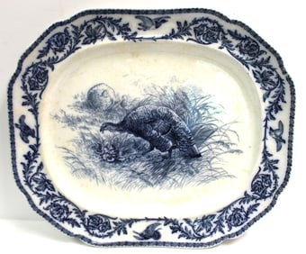 Flow Blue China Royal Cauldon Thanksgiving Turkey Meat Platter Circa 1904 - 17"x19"