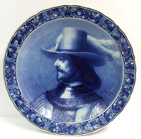 Delft blue & white porcelain charger w portrait of Rembrandt - 16" diam