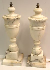 Pair of marble urn form lamps w covers & brass mounts - 16" tall