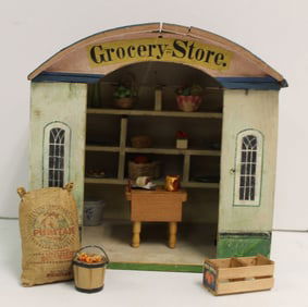German Grocery Store diorama w accessories - 8 1/4" tall x 8 1/4"x6 3/4"