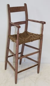 Antique youth chair in a light salmon paint w coverlet fabric seat - 32" tall