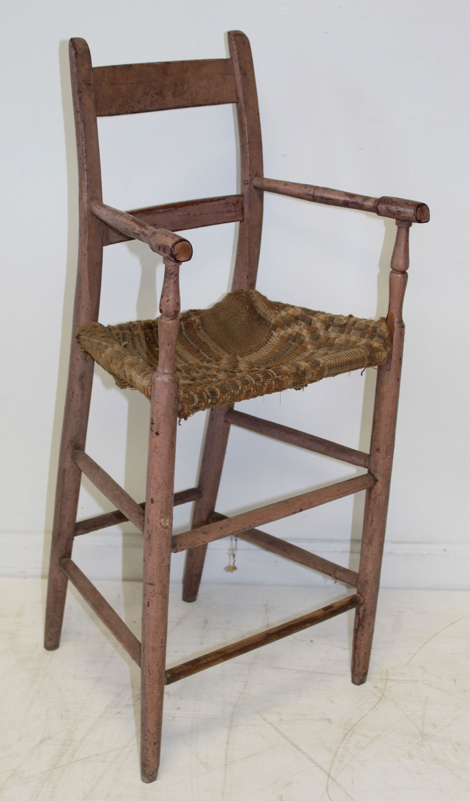 Antique youth chair in a light salmon paint w coverlet fabric seat - 32" tall (1 of 6)