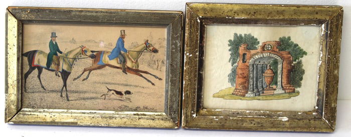 Lot of 2 ca 1840's miniature framed water colors - 4 1/4"x6" & 4 1/2" x 5 1/2"
