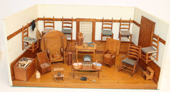 Shaker meeting house room diorama w accessories - 9 1/2" tall x 19 1/2"x9 1/2": Shaker meeting house room diorama w accessories - 9 1/2" tall x 19 1/2"x9 1/2"