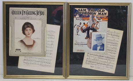 Lot of 2 ca 1900 framed sheet music w great covers - 21 1/4"x17 1/4"